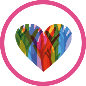 Intercultural logo, heart shape made up by different coloured hands within a pink ring